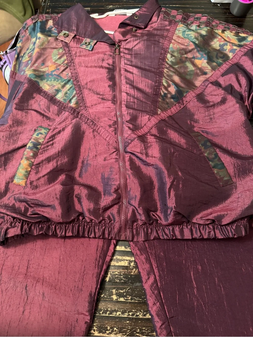 Source Unknown Maroon Track Jacket and Pants Set with Iridescent Camo Panels